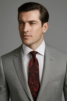 Damask Men's Tie Red Black Jacquard Formal Necktie Elegant Wedding Floral Silk - Image 1 of 2