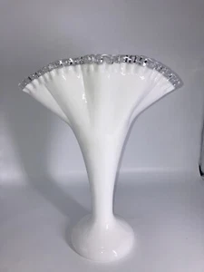 Vintage Silvercrest Fenton Tall 13” Fan Vase White Heavy Gorgeous No Chips - Picture 1 of 13