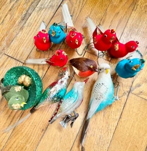 12 Antique & Vintage Clip On Birds Christmas Ornament Flocked & Glass Japan Lot - Picture 1 of 1