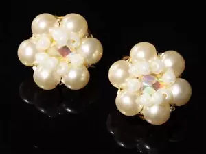 Pair Czech vintage bead work clip earrings pearl AB faceted glass beads - Picture 1 of 3