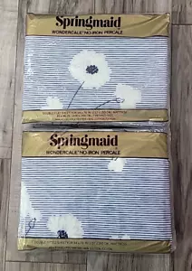 Vtg Springmaid Blue White Daisy? Floral Stripe DOUBLE Fitted & Flat Sheet Set - Picture 1 of 5