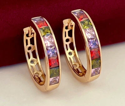 Deluxe Ohrringe Creole Zirkonia Kristalle Bunt 750er Rolled Gold 18K vergoldet - Bild 1 von 4