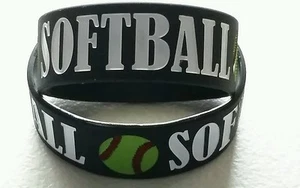 1" SOFTBALL BLACK SILICONE BRACELET - WHITE - YELLOW SOFTBALL -INK FILLED-SPORTS - Picture 1 of 3