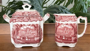 Mason's Vista Rosa Rot Transferware Eisenstein Milchkännchen & Zuckerdose mit Deckel Set - Bild 1 von 5