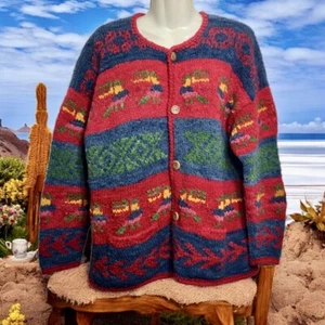 Vtg Express Tricot Chunky Knit Cardigan Sweater Womens XL Hand Knit Wool Bolivia - Picture 1 of 9