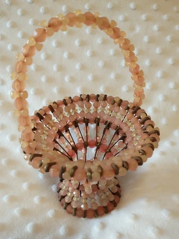 Vintage Safety Pin Beaded Basket Pink Tramp Art Handmade Cover