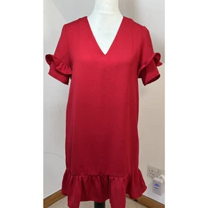 Zara Basic Red Shift Dress Size XS V-Neck Light Short Ruffled Sleeves Frilly Hem - Picture 1 of 10