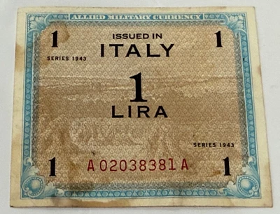 Italy  1  Lira  Series of 1943  Block  A  WW II WWII Issue  Circulated Banknote - Image 1 of 2