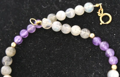 14K Solid Gold Moonstone & Amethyst Beaded Bracelet 7.5" - Image 1 of 4