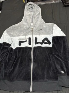 Fila Velour Black/Gray/White Stripe Full Zip Track Hoodie Jacket Fleece Large - Picture 1 of 12