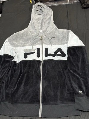 Fila Velour Black/Gray/White Stripe Full Zip Track Hoodie Jacket Fleece Large - Image 1 of 4