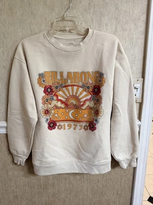 Unisex Billabong 1973 Graphic Crewneck Sweatshirt Beige with Red Flowers; Large - Image 1 of 4