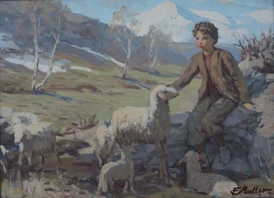 Mädchen mit Schafen im Gebirge Impressionist - Bild 1 von 4