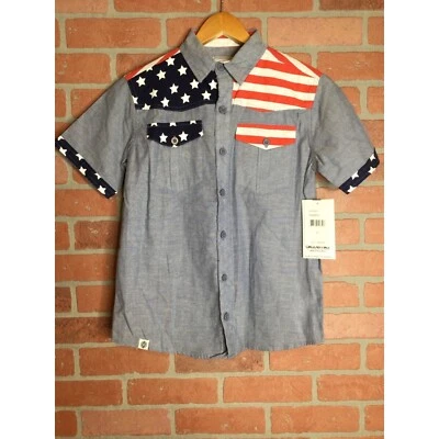 NWT Akademiks Boys Flag Stars Stripes Button-Up Shirt Collared Blue Youth Size M - Image 1 of 4