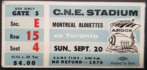 1970 C.N.E. Stadium Montreal Alouettes vs Toronto Argonauts CFL Football Ticket Cover
