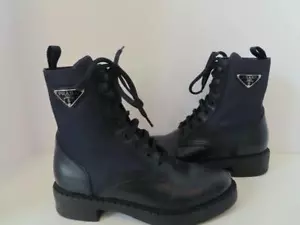Botas de Combate PRADA Azul Marino Re-Nailon/Cuero Logo Triángulo EUR 38 $1,360 - Imagen 1 de 11