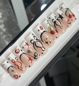 ๐๐ฑ CUSTOM Gel Press On Nails, Cherry Bling ,10p FULL SET Kit LONG SQUARE APEX - Picture 1 of 11