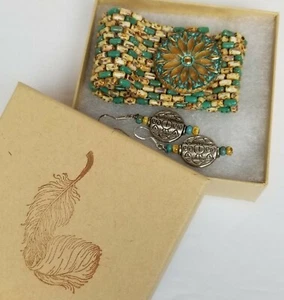 Handcrafted Bracelet and Earring Set Beaded Silver BOHO Tribal Casual Gift Box - Picture 1 of 10