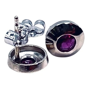 Natural Red Ruby 14k White Gold 4 mm Round Bezel Stud Earrings - Picture 1 of 15