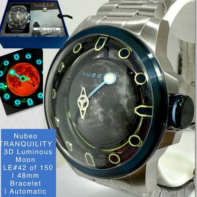 Reloj 48mm 3D Moon TRANQUILITY | Bisel Azul | Pulsera Slvrtn | LE#042/150 NUBEO Foto 1 de 4