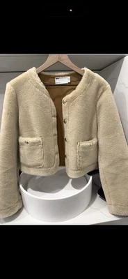 ASOS DESIGN collarless bonded borg jacket in cream Sz 2 - Image 1 of 3