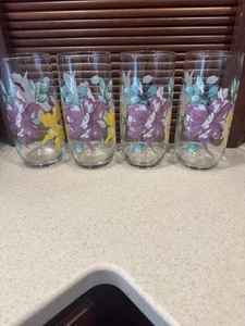 Vintage Libbey 24 oz Tumbler Pink/Purple/Yellow Flowers - Set of 4 - Picture 1 of 6