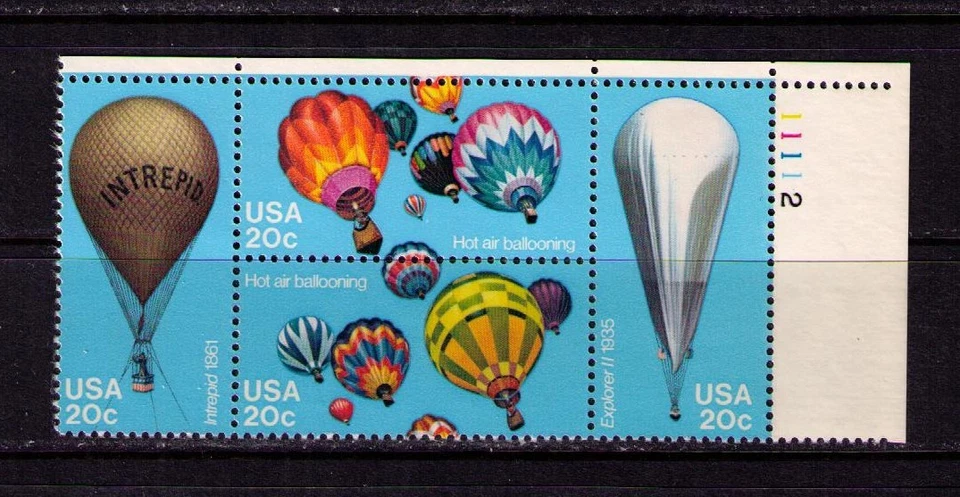 US USA Sc# 2035a  MNH FVF PLATE # BLOCK Hot Air Balloons Intrepid Explorer II - Image 1 of 1
