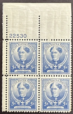US 1940 Sc# 872 Plate Block of 4 MNH OG - 5 cent - Educator Francis E. Willard - Image 1 of 2