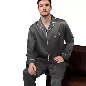 Mens Silk Satin Pajamas - PJ Set Top and Bottom - Grey White Piping - Picture 1 of 4