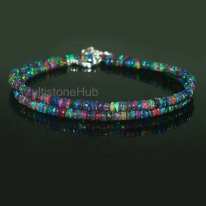 Natural Ethiopian Black Opal Smooth Rondelle Bead Gemstone Necklace 16 Inch - Picture 1 of 3