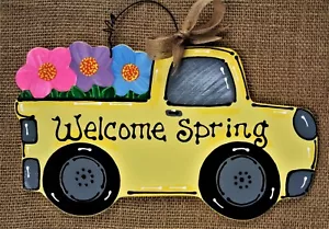 Welcome Spring VINTAGE Style TRUCK WALL ART Sign Door Hanger Plaque Tulips Decor - Picture 1 of 1
