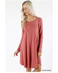 Dusty Rose Long Sleeve Round Hem A-Line Dress with Pockets - Picture 1 of 2