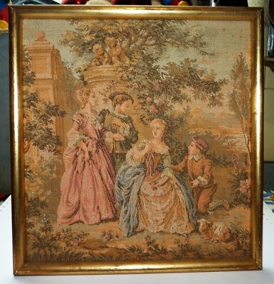TAPISSERIE CARREE  ANCIENNE ENCADREE BOIS DOREE BE - Photo 1/3
