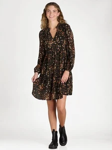 Time and Tru Ruffle Neck Mini Dress with Long-Sleeves, Size L Black Soot --X2-- - Picture 1 of 3
