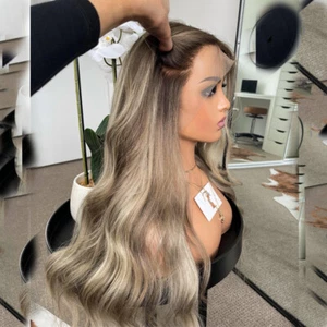 Pelucas delanteras de encaje rubio resaltado gris ceniza balayage cabello humano 100 % ondulado corporal - Imagen 1 de 10