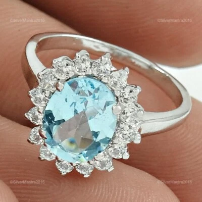 Massiv Silber Natürlich Blauer Topas Cubic Zirkonia Neu Rhodiniert Aussage Ring - Bild 1 von 4