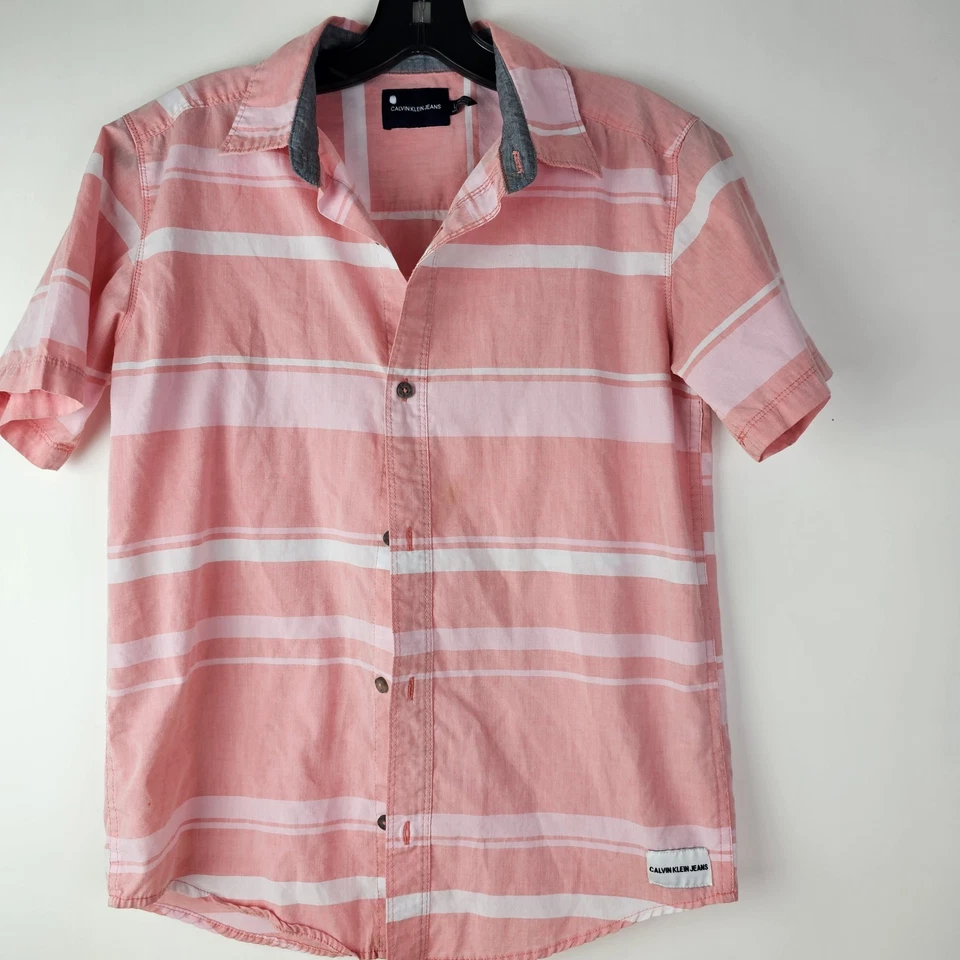 Camisa de mezclilla Calvin Klein para niños rosa a rayas con botones manga corta talla L (14-16) Foto 1 de 4
