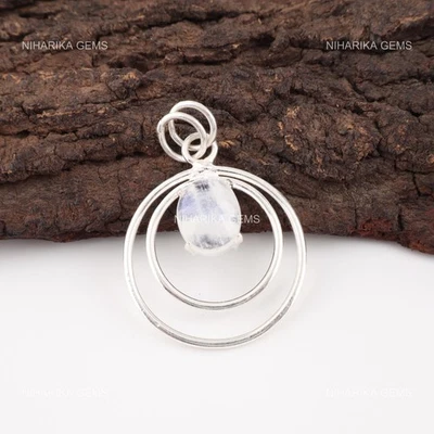 925 Argento Ovale Pietra Luna Arcobaleno Fidanzata Moda Natale Pendente - Immagine 1 di 4