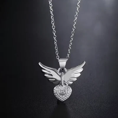 moderne Halskette Engelsflügel mit Herz Strasssteinen Kette 925 Sterlingsilber - Bild 1 von 4
