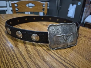 Vintage 1/4 Dollar Coin Concho Western Embossed Texas Longhorn Steer Buckle Sz36 - Picture 1 of 24