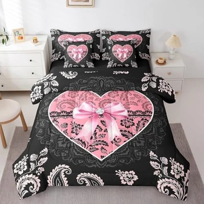  Juego de edredón de corazón de diamante de encaje negro rosa con lazo 7 completo rosa negro Foto 1 de 4
