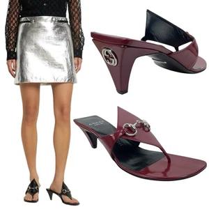Gucci Mariame Horsebit Leather Thong Sandals Kitten Heel Red Women Size 36.5 - Picture 1 of 13