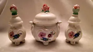 Vintage, ceramic, 3 piece ,Vanity set 2 perfume bottles one jar with lid floral - Picture 1 of 12