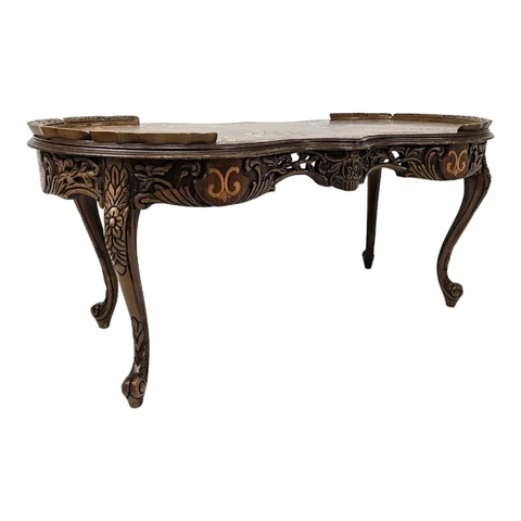 Vintage Louis XV Style Coffee Table Rocaille Marquetry Carved Italian Baroque Cover