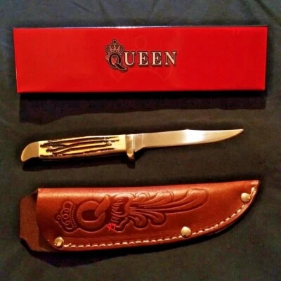 Cuchillo Reina Pájaro y Trucha Hoja Fija con Mango de Hueso y Funda de Cinturón de Cuero Foto 1 de 4