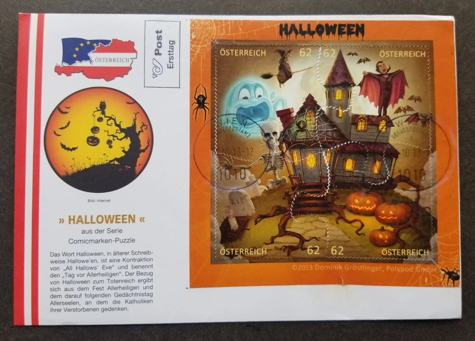 [SJ] Austria Cartoon Animation Halloween 2013 Spider Bat (FDC *puzzle *odd shape - Image 1 of 4