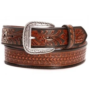 Ariat Mens 1 1/2 Floral Embossed Tabed Stamped Western Belt - Picture 1 of 6