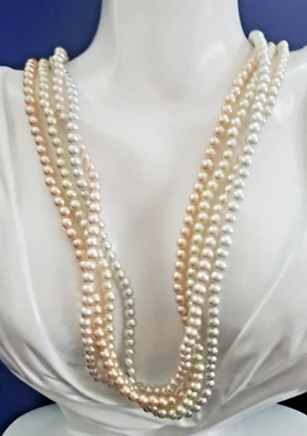 Vintage Multistrand Pearl Necklace 4 strands. Ivory & beige color 25" - Image 1 of 4