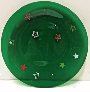 9" Artist Made Green Glass Hand Painted Christmas Stars Plate Vintage! - Picture 1 of 3