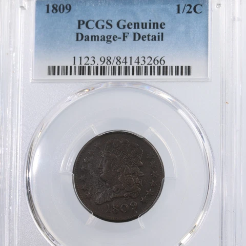 1809 Classic Head 1/2C PCGS F Details Damage Cover